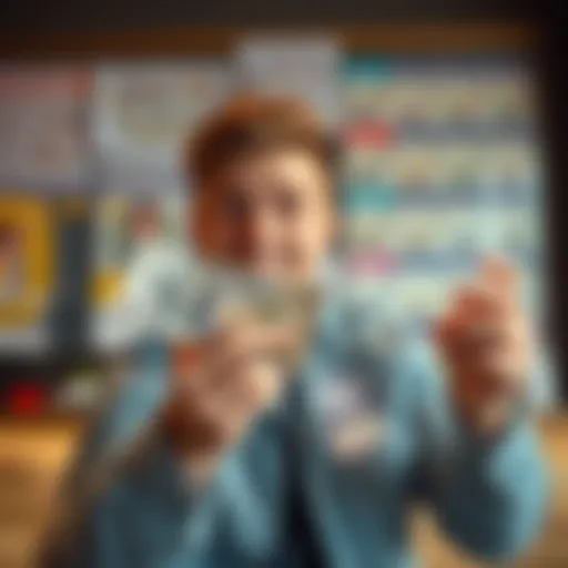 Person holding cash for weekend plans A person excitedly holding cash in one hand while looking at a list of weekend activities with a thoughtful expression