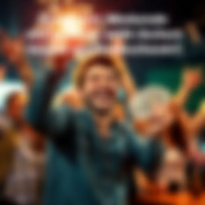 A happy person holding cash and celebrating with friends, symbolizing financial success for the weekend.