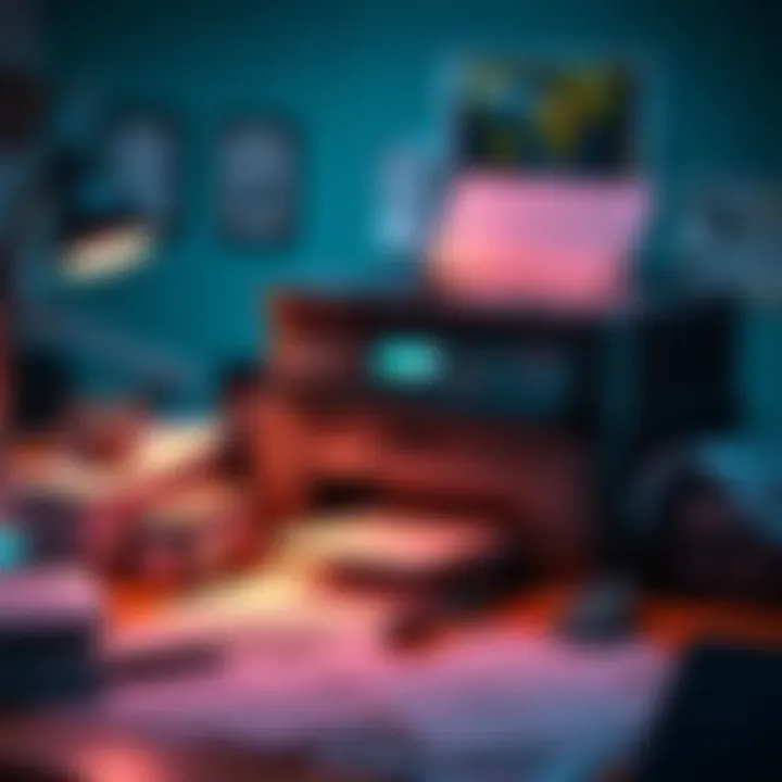 A person setting up a printer with various papers and inks around, preparing for weekend printing tasks.