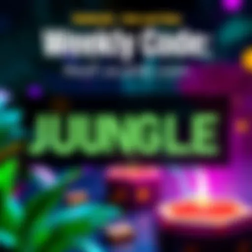 Promotional banner for the JUNGLE code, featuring vibrant colors and gaming elements, inviting people to use it on .us and .com websites.