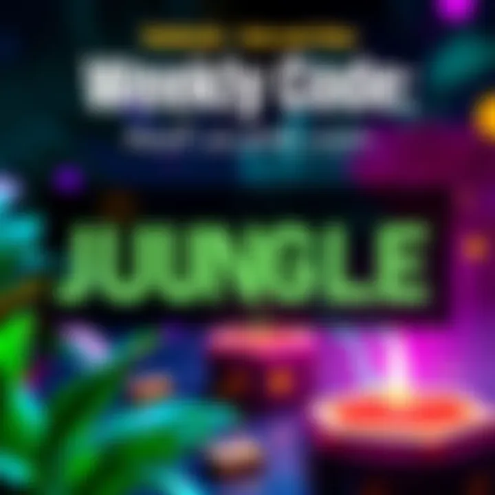Promotional banner for the JUNGLE code, featuring vibrant colors and gaming elements, inviting people to use it on .us and .com websites.