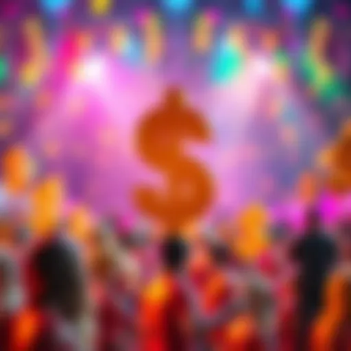 A graphic showing a prize money challenge with dollar signs and people guessing numbers. The background has vibrant colors to create excitement.