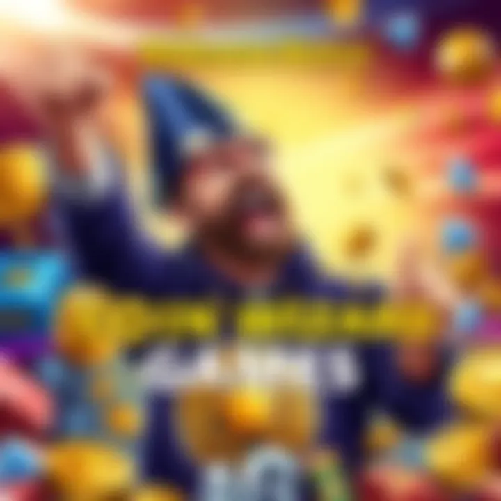 A player celebrating receiving a welcome bonus from Coin Wizard Games, with gaming icons around them