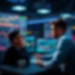 A view of Wesley discussing his cryptocurrency company with a team, focused on analyzing charts and data on screens.