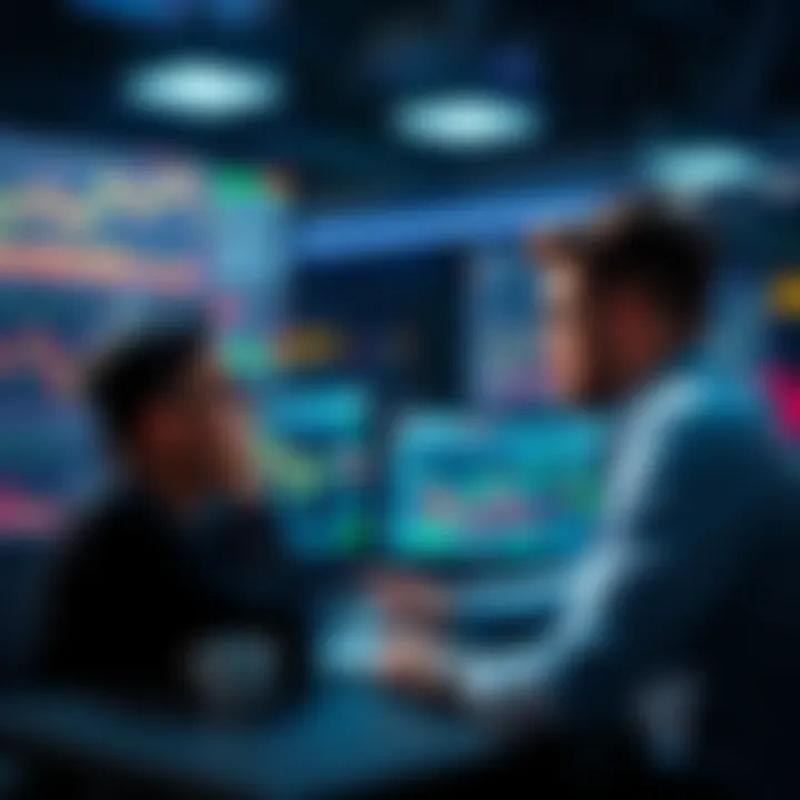 A view of Wesley discussing his cryptocurrency company with a team, focused on analyzing charts and data on screens.