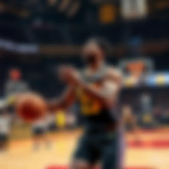 A basketball player in action on the court, aiming to score against the Lakers, with fans cheering in the background