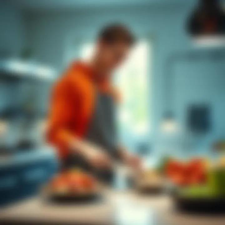 A young athlete, Wemby, stands by a kitchen counter with ingredients, preparing a meal, smiling while holding a cooking tool.