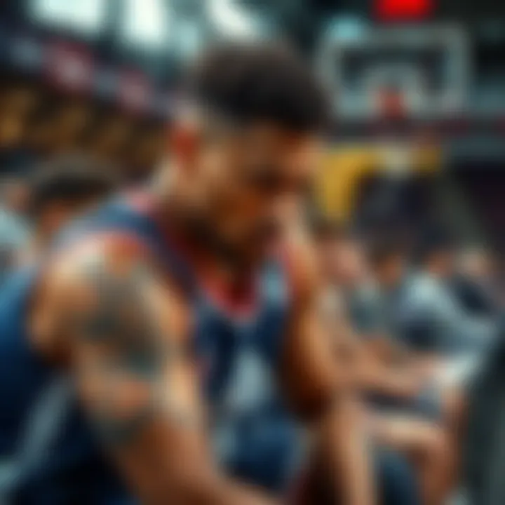 Wemby sitting on the bench, looking exhausted after a tough game, with a focus on his tired expression and basketball uniform