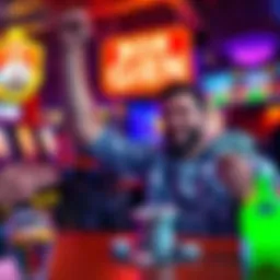 A player celebrating a big win in a bar in West Virginia, holding cash and smiling