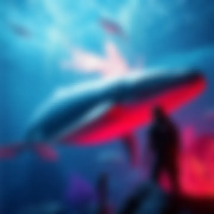 Whale in a Game Scene A whale swimming in a vibrant game world with a player character nearby, exploring their interaction.