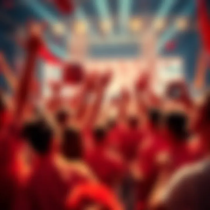 A vibrant celebration scene with people cheering and winning prizes related to Whole Lotta Red.