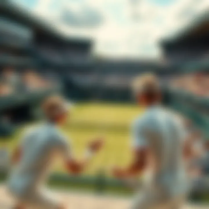 Two tennis players competing in a match at Wimbledon, with the iconic grass court and crowd in the background.