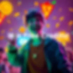 A joyful player celebrating while winning free game credits with CrownCoins. Bright colors and symbols of luck are in the background.