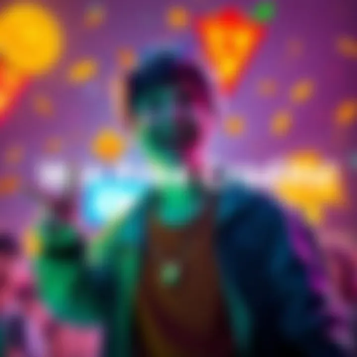 A joyful player celebrating while winning free game credits with CrownCoins. Bright colors and symbols of luck are in the background.