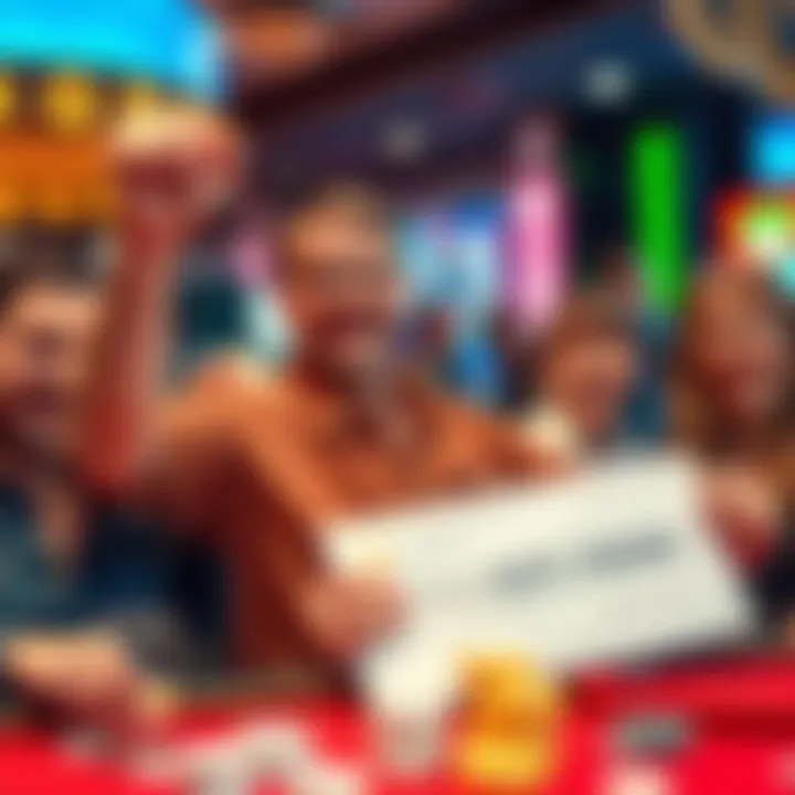 A man joyfully celebrating his $37,000 win, holding a check and surrounded by family members, conveying excitement and the risk of gambling