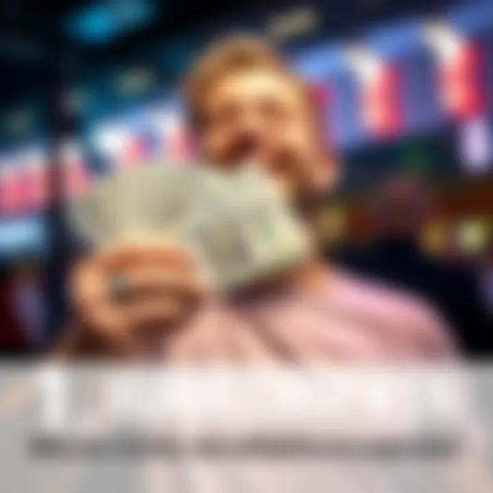 A person holding cash with a big smile, celebrating their lottery win of 10,000 Euros