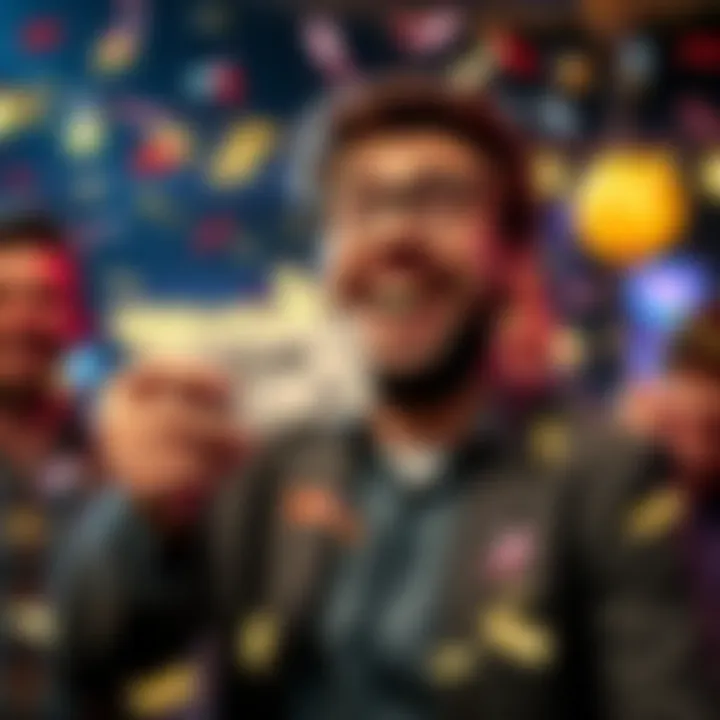 A smiling person holding a winning ticket with confetti falling around them, showing happiness and excitement after a big win.