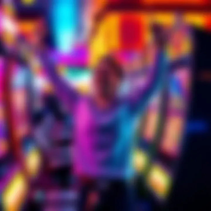 A person joyfully celebrating after winning a jackpot at a slot machine, surrounded by colorful lights and noise of the casino