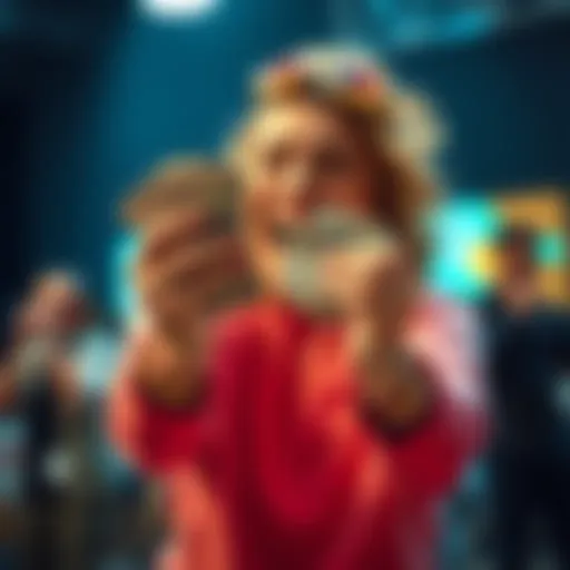 Excited winner holding cash A happy person joyfully holding cash in their hands, celebrating a recent win.