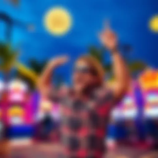 Excited participant celebrating win at the World Tournament of Slots in the Bahamas with palm trees and slot machines in the background.