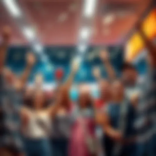 A group of happy people celebrating after winning cash prizes at a convenience store and gas station.