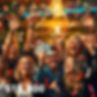 A group of happy people celebrating after winning cash prizes, holding money and smiling, surrounded by confetti.