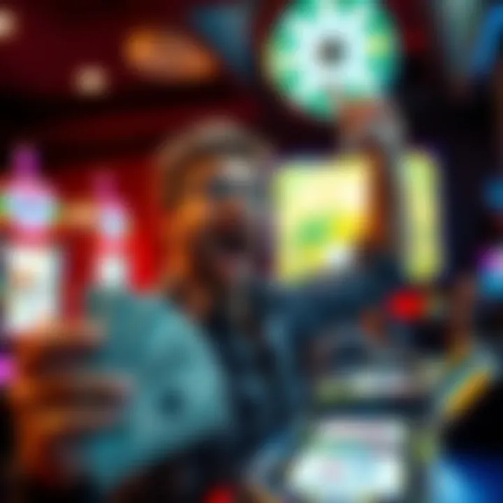 A player celebrating a jackpot win in a casino, showing excitement with dollar bills and slot machine in the background.