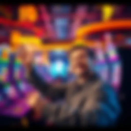 A person celebrating three consecutive winnings at a casino, with excitement and joy on their face, surrounded by casino games and colorful lights.
