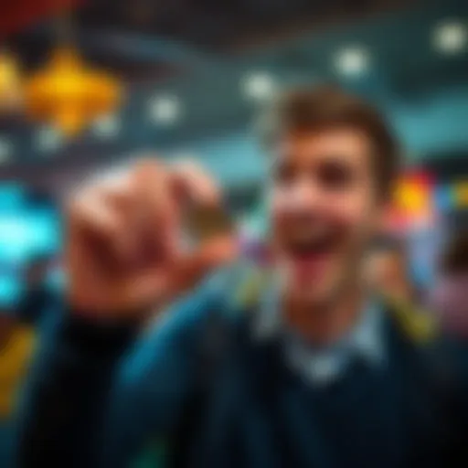A person holding a small coin while looking excited about the potential winnings in a game.