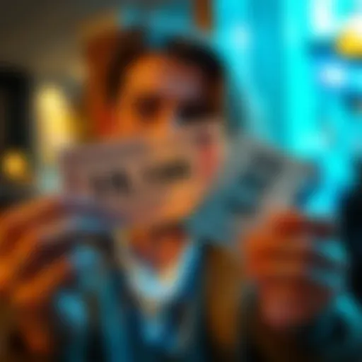 A person holds a lottery ticket showing a winning amount while another ticket indicates a loss. The scene captures the contrast of hope and disappointment.