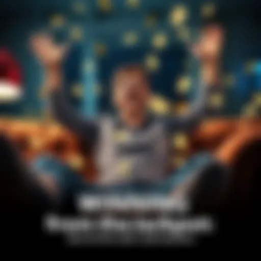 A joyful person celebrating a big jackpot win while sitting on their couch, surrounded by excitement and cash symbols.
