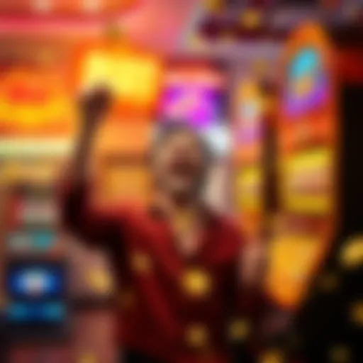 A person cheering with joy after hitting a big jackpot at a slot machine, surrounded by coins and lights