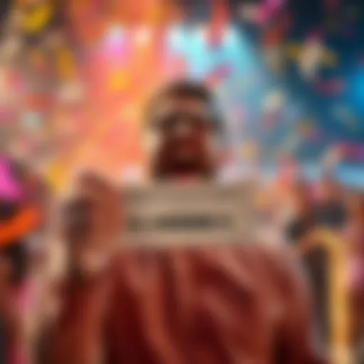 A person celebrating while holding a winning lottery ticket with colorful confetti in the background.