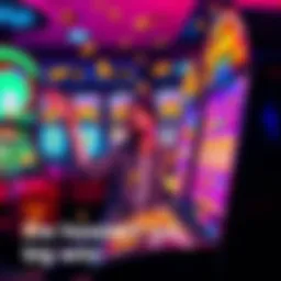 A player celebrating a big win at a slot machine with colorful lights and coins spilling out