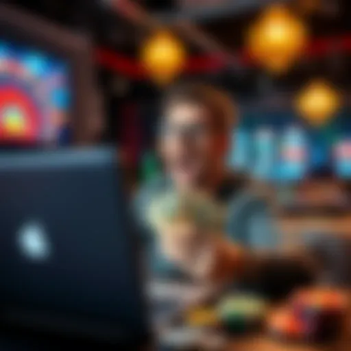 A person celebrating their online casino winnings with a laptop and cash