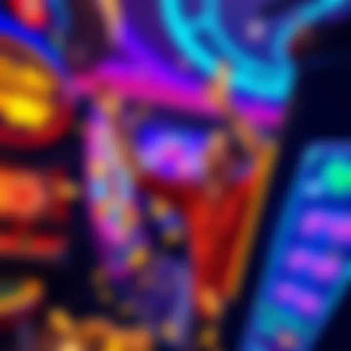 Winning Spin in a Casino A player celebrating a win at a slot machine after a second spin, with colorful lights and coins around.