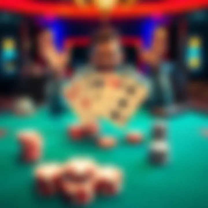 Winning Straight Flush Hand at Poker Table A player excitedly reveals a winning straight flush hand at a poker table with chips stacked high.