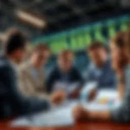 A group of people discussing betting strategies with charts and graphs in front of them