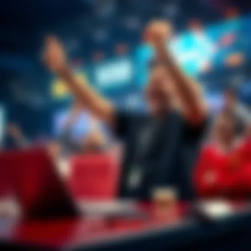 A person celebrating after winning $50 while betting on esports, with a laptop and betting interface visible.