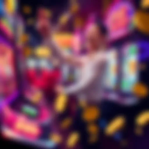 A player celebrating a win at a slot machine with $20 spins, surrounded by colorful lights and coins
