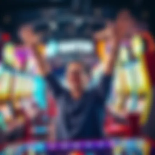 A person celebrating a big win at Gates gaming machines, surrounded by colorful lights and excitement.