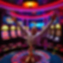 A person celebrating a win at a casino table with Gravity Roulette and slot machines in the background.