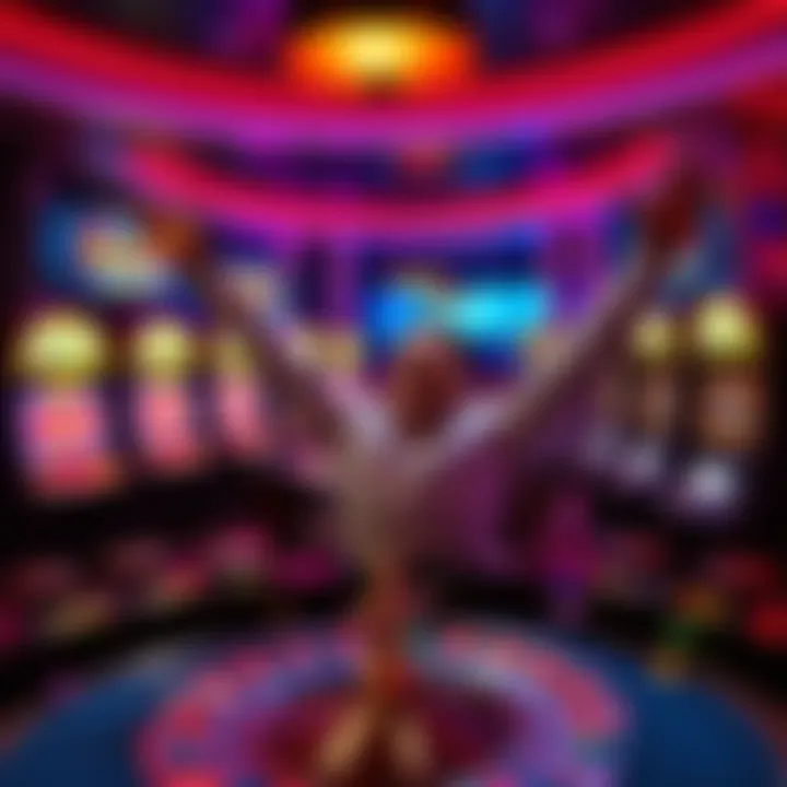 A person celebrating a win at a casino table with Gravity Roulette and slot machines in the background.