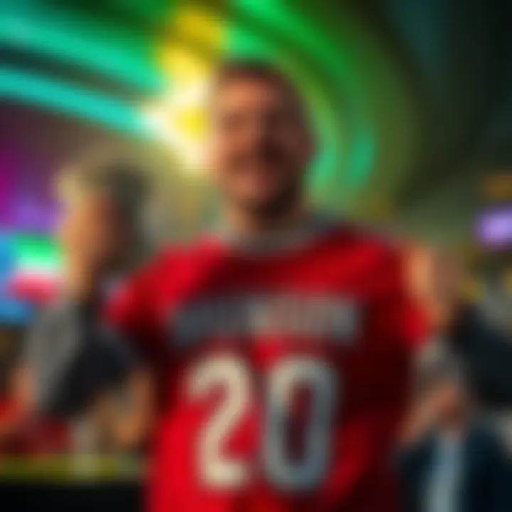 Winning Bet Celebration A happy sports bettor celebrating a big win, holding cash and a Brunson jersey in a lively atmosphere.