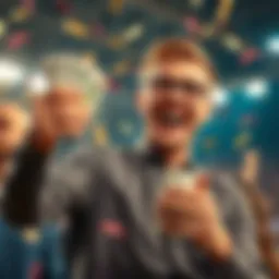 A person celebrating a big betting win with cash in hand and a happy expression