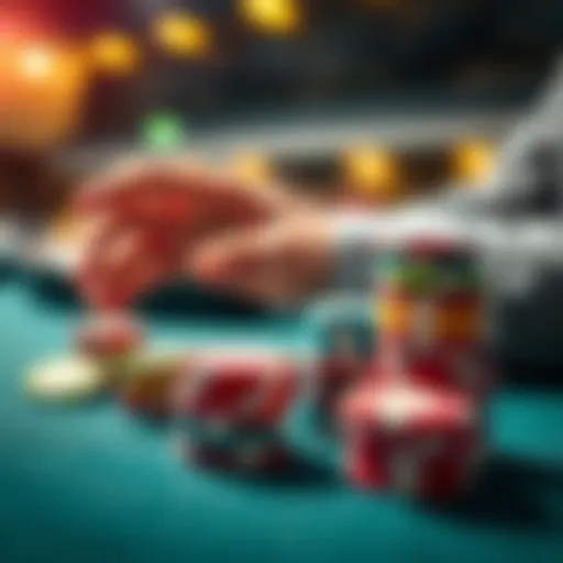 A close-up of a hand placing a small bet on a table with colorful chips stacked next to it, representing a successful betting strategy.