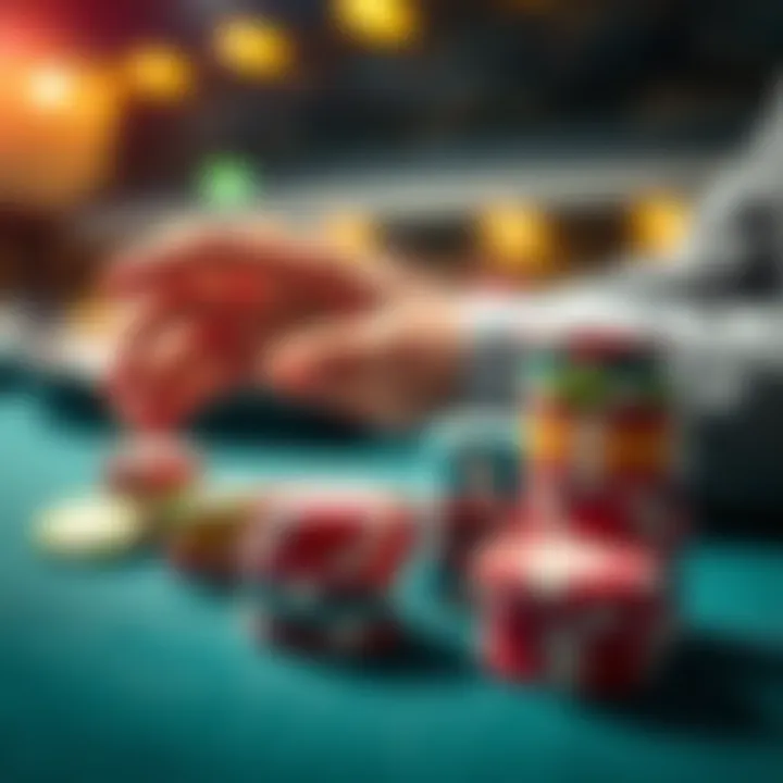 A close-up of a hand placing a small bet on a table with colorful chips stacked next to it, representing a successful betting strategy.