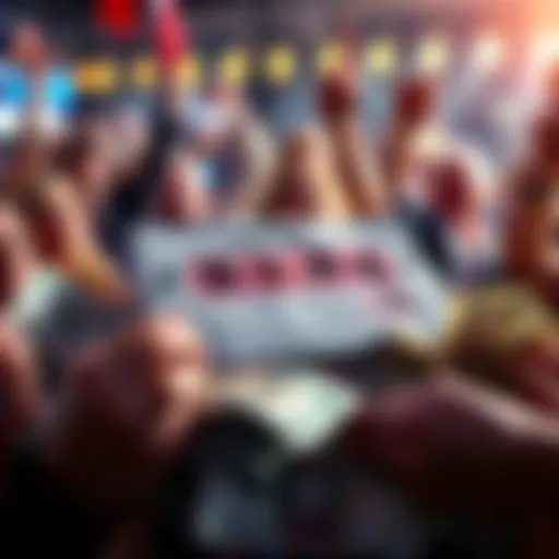 A close-up of a bet slip with winning numbers highlighted, surrounded by cash and excited people celebrating.