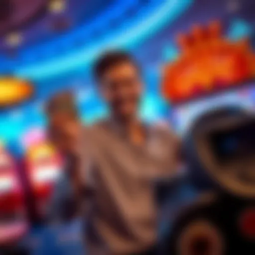 A player celebrating a big win at Vegas Airport ATS, holding cash with a slot machine in the background