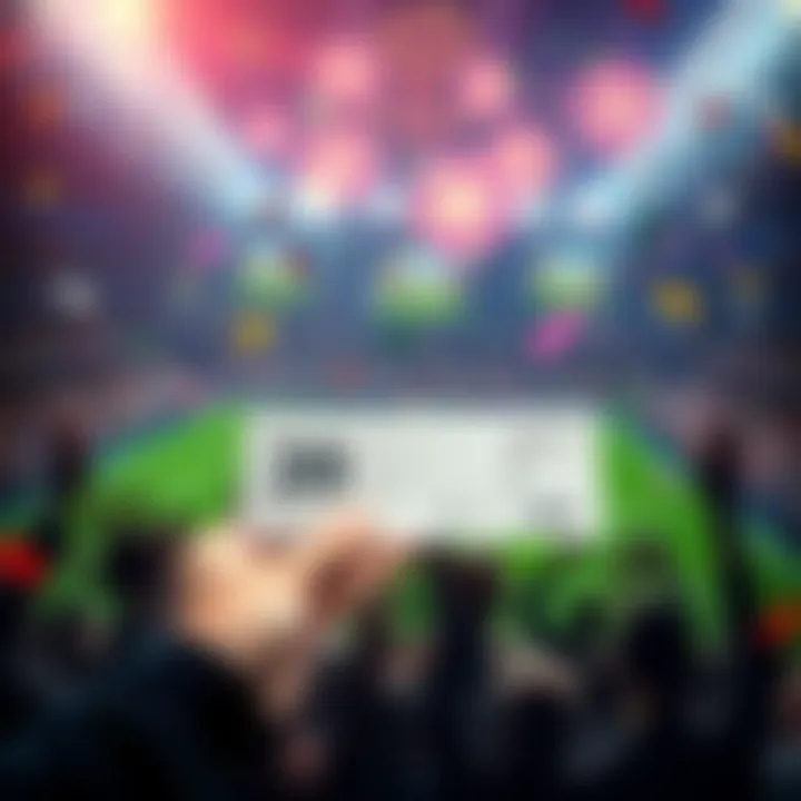 A hand holding a winning betting slip with a celebration background